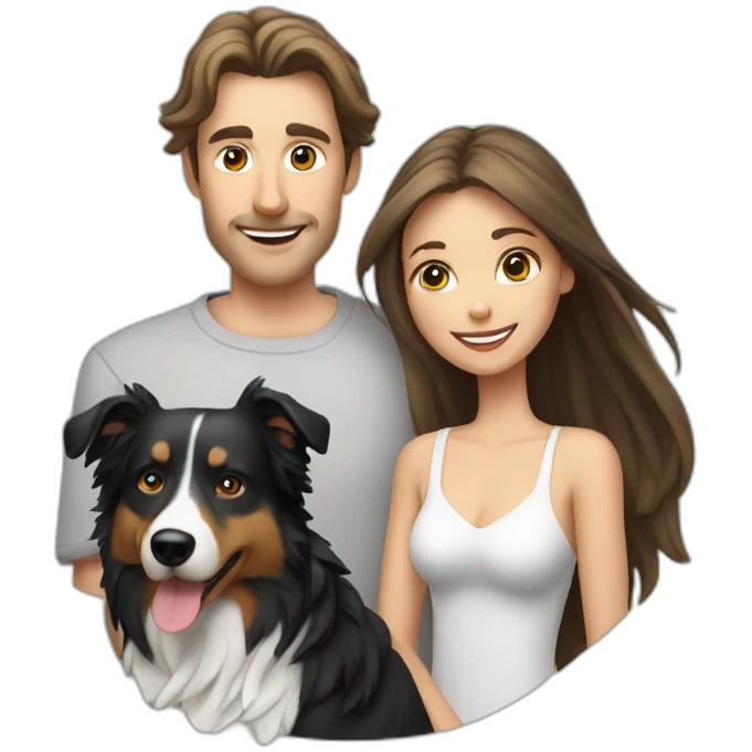 white family group of two consisting of man in hat and woman with long hair in ponytail and small border collie dog emoji