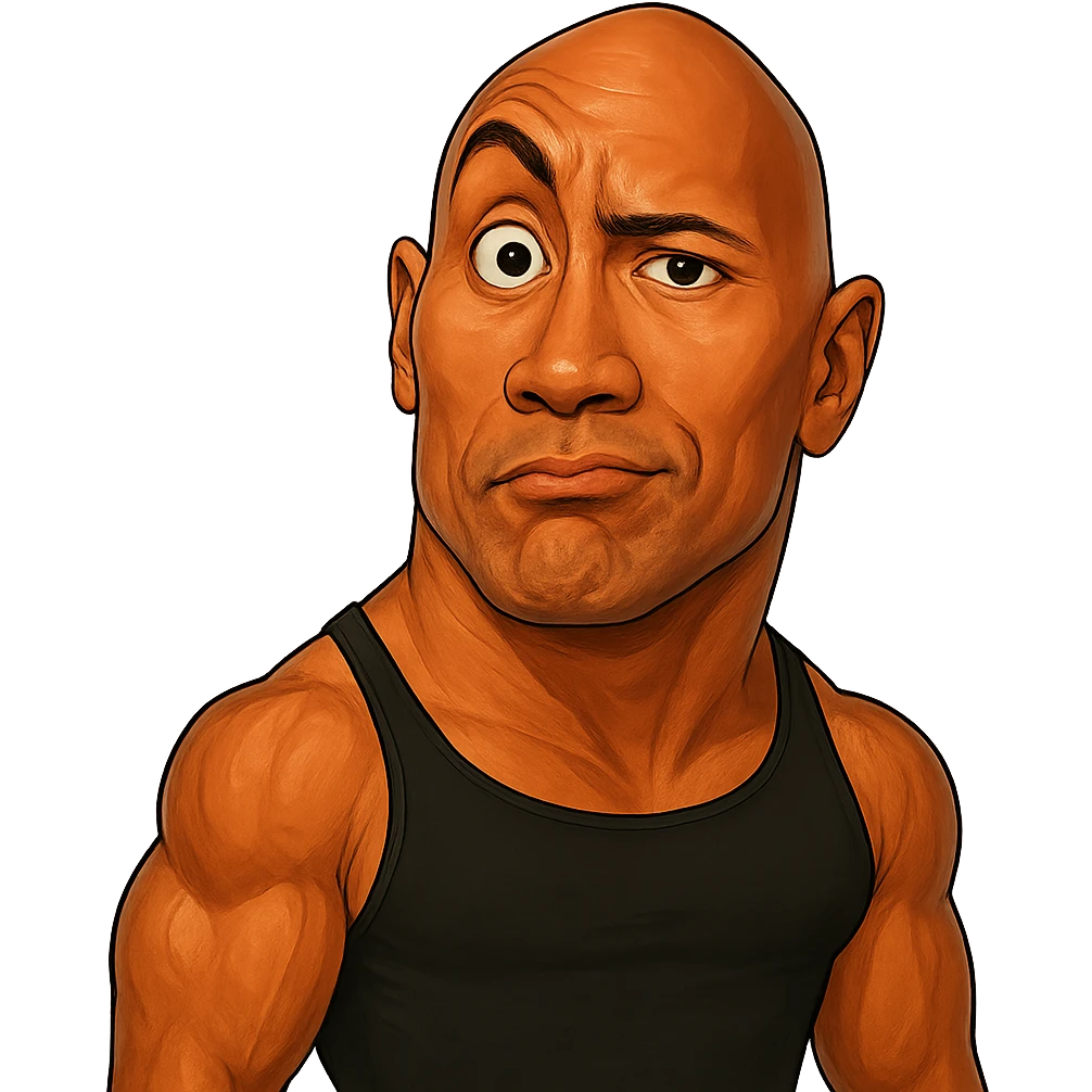 Make Dwayne Johnson do his iconic pose with one eyebrow raised, exaggerated cartoon style, keep background transparent. emoji