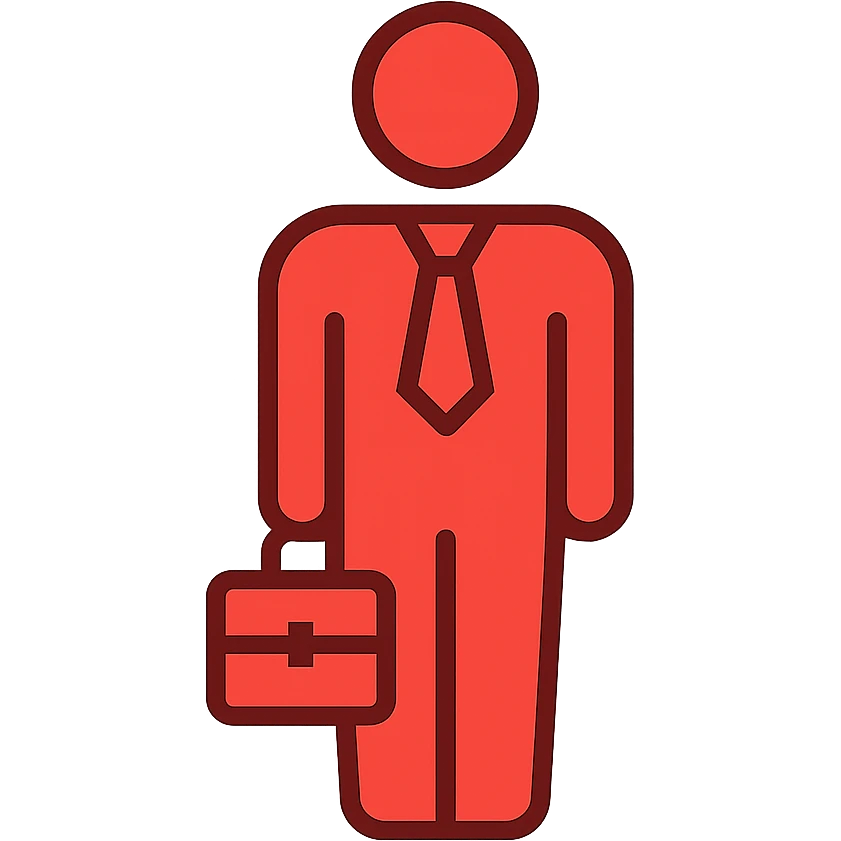 Minimalist red CEO business person icon with briefcase. All lines in red color only, no black outlines. Professional silhouette representing leadership. emoji
