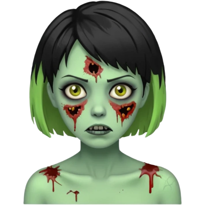 Uma zumbi de pele verde cabelo chanel todo preto bagunçado emoji