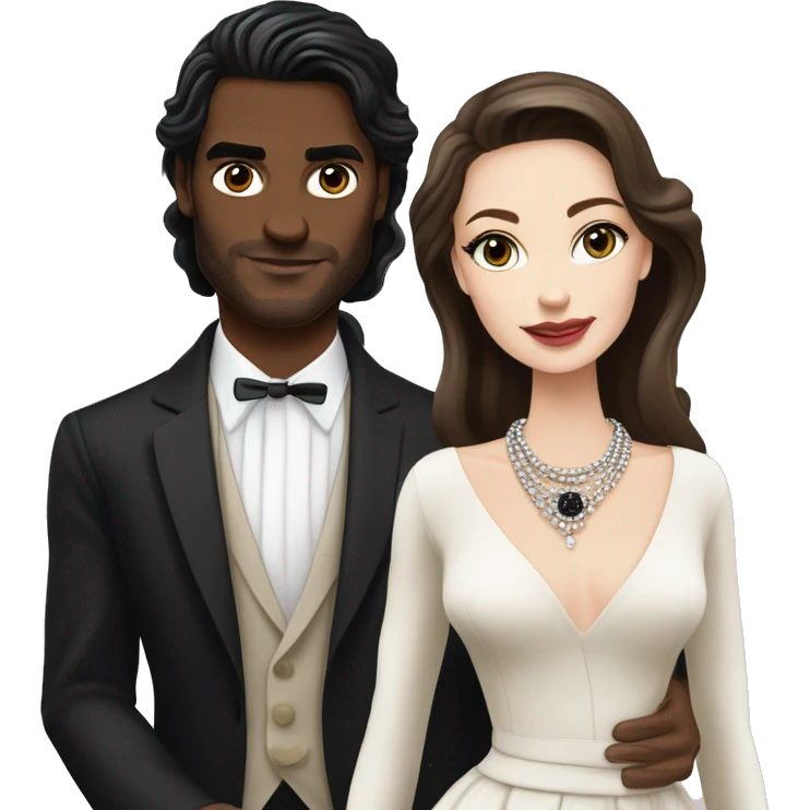 White woman with beautiful brown, long and classy hair, very élégante en classy and Chanel necklace dress in Dior with her man in love with her, his man has white skin and black hair also very elegant emoji