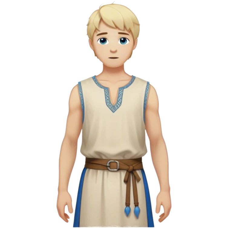 medieval summer outfit worn by a DnD themed fantasy character. basic lightweight sleeveless tunic with a decorative trim along the edges. clothes only above the waist. The clothes full waist. The character's haven't arms. character is blonde hair, blue eyes, short messy hair, white-skinned man. emoji