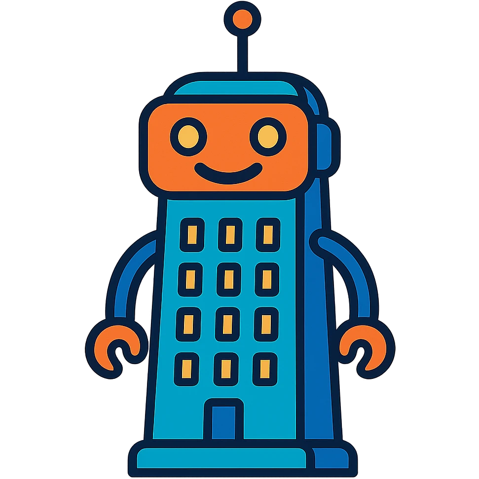 a smiling robot with a body shaped like a skyscraper emoji