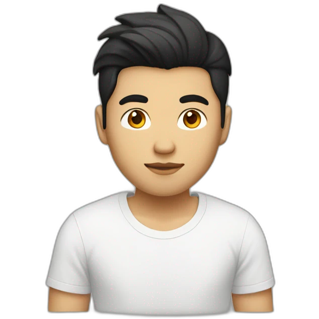 asian guy with blond hair and black hair roots, white tee shirt with fox logo emoji