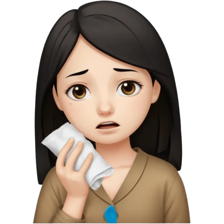 a pretty bratz fair girl wearing a brown pajamas, dark circles, crying, holding tissues. black hair emoji