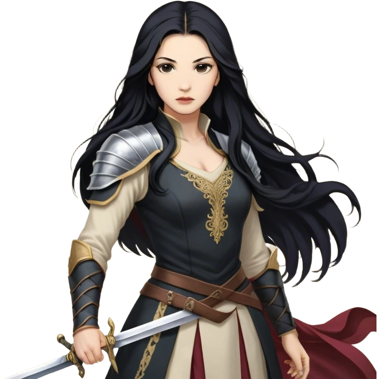 Cinematic Realistic Mulan Portrait, depicted with lifelike skin texture, soft natural lighting, and intricately detailed long black hair styled elegantly. Her deep, expressive eyes exude determination and grace, complemented by a serene yet confident expression. She stands with one hand resting on the hilt of her sword, the other by her side, exuding strength and poise. She is dressed in her classic attire, with rich fabric textures and delicate folds that catch the light beautifully. The portrait features a soft, enchanting glow with a natural, radiant finish, capturing the essence of timeless strength and beauty in a realistic and painterly style, evoking a sense of depth and authenticity. emoji