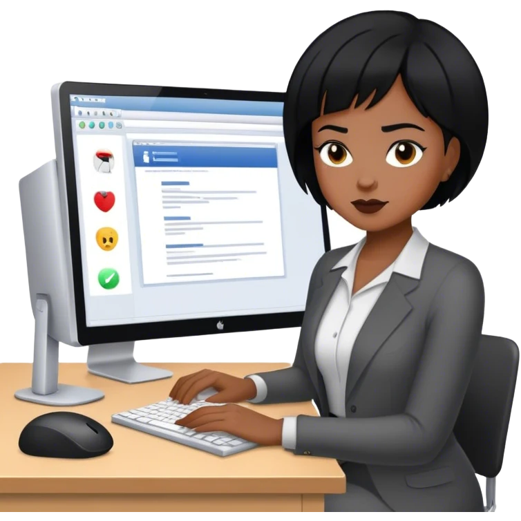 short black hair public relations woman working in front of the computer emoji