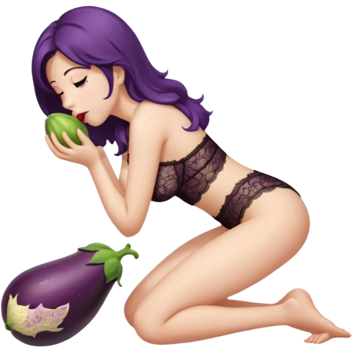 lady in lace lingerie on knees and kissing big eggplant in her mouth from the side emoji