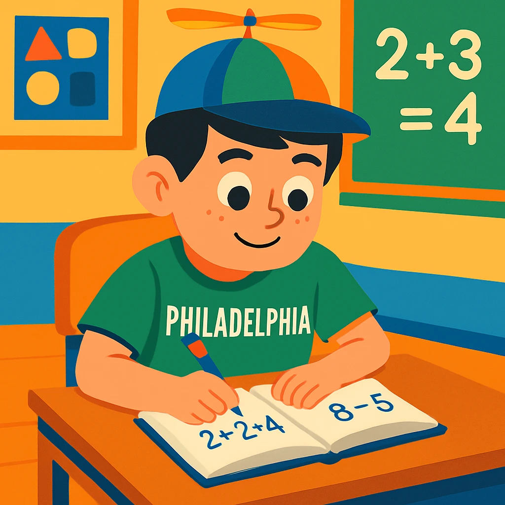 Change Little Johnny's hair to dark brown or black, keeping the rest of the scene the same: propellor hat spinning, Philadelphia sports shirt, at a math classroom desk, neatly working, positive and studious atmosphere, cartoon style. emoji