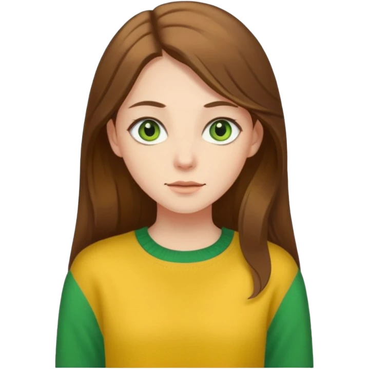 please create an emoji of a semi pale girl with long brown hair, green eyes, wearing a yellow sweater emoji
