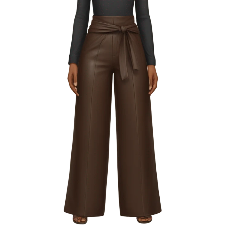 Dark brown High waisted leather wide leg pants with tie front emoji