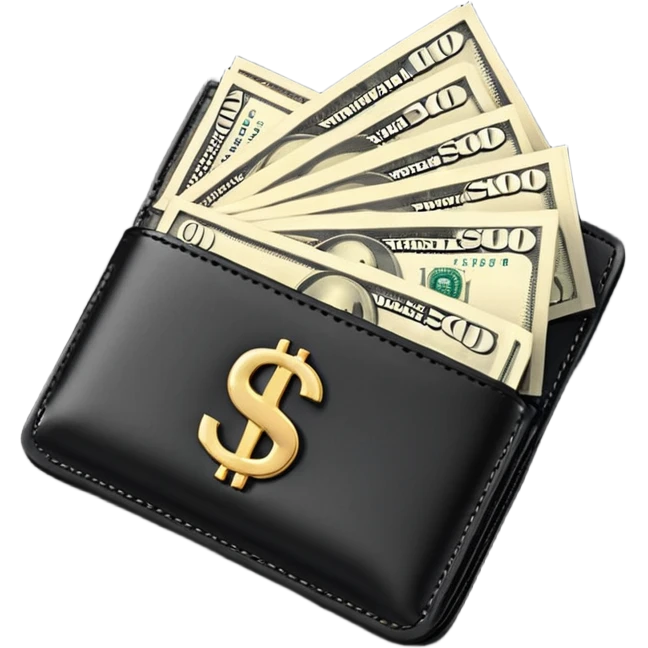 Rich emoji style black leather wallet with dollar bills, luxury money vibe, premium 3D emoji, ultra clean, high detail, no background
 emoji