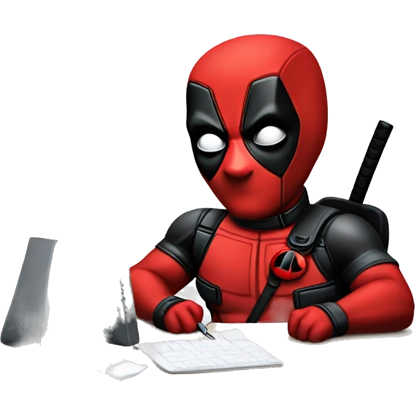 Cute Deadpool sitting at a desk, front view emoji