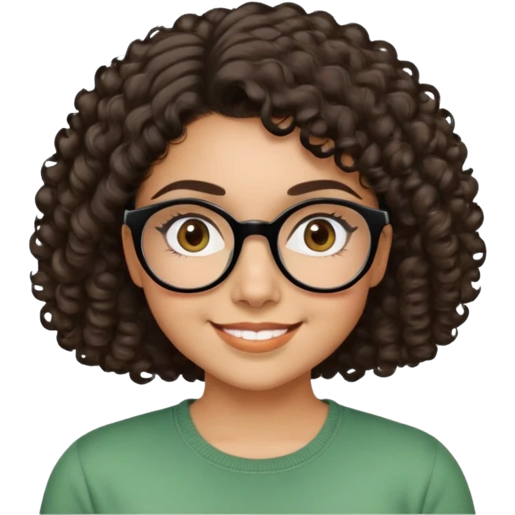 Young Latina woman with light brown skin. Round friendly face. Dark brown eyes with black-framed glasses. Thick arched eyebrows. Short voluminous curly hair. Big smile showing dimples. Wearing a green casual top. emoji
