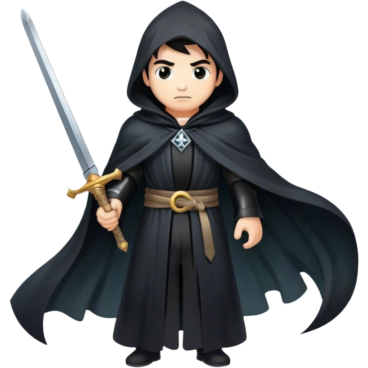 A mysterious swordsman in a black cloak, mist swirling around him emoji