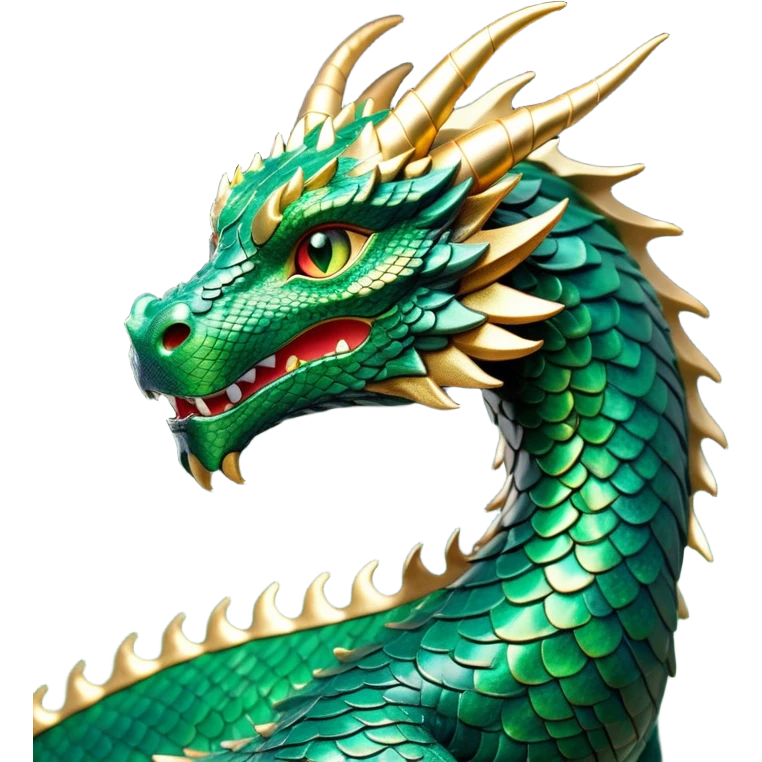 Cinematic Noble Dragon Portrait Emoji, Poised and majestic, with a sinuous, elongated body covered in intricately detailed, shimmering scales in hues of emerald and gold, and piercing, fiery eyes that reflect ancient wisdom; rendered with lifelike texture and natural highlights, high shine, intelligent and formidable, styled with an aura of mythic power, focused and attentive, soft glowing outline, capturing the essence of a legendary dragon that appears ready to soar out of the screen with timeless authority! emoji