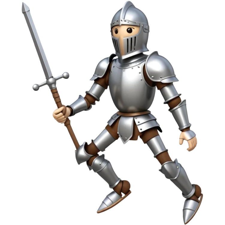 3D render of Knight Puppet as a wooden marionette puppet, Painted silver wood armor, strings, silver metal screw joints at elbows and knees, polished brown wood texture, rigid toy pose, emoji style, isolated on white background --v 6.0. emoji