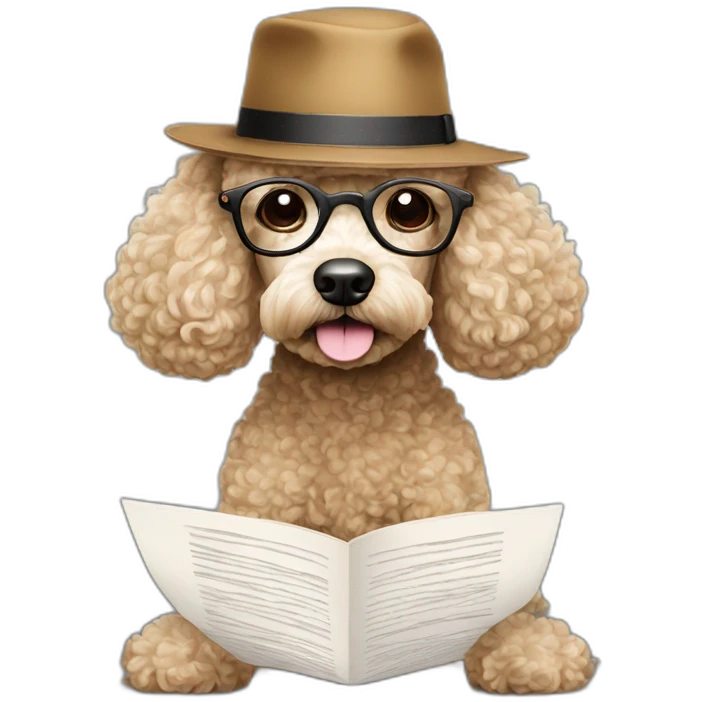 Poodle-reading-a-paper-and-wearing-glasses-and-hat emoji