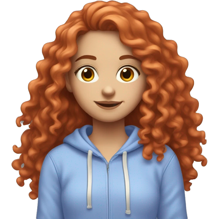 a white girl with long red curly hair, wearing a pastel periwinkle hoodie doing a pose emoji