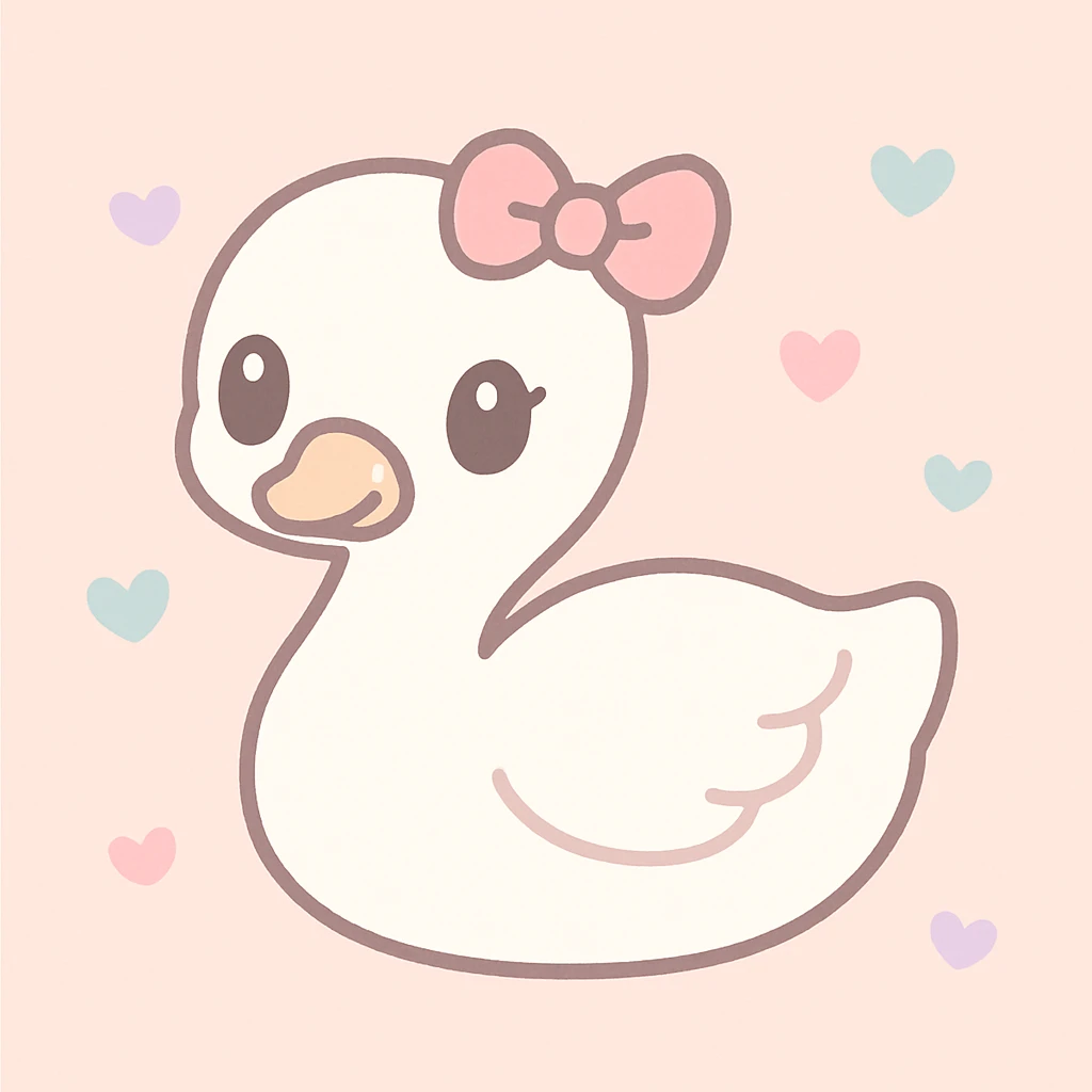 a white swan with a cute little pink bow on her head, charming and gentle expression, simple background, soft colors, kawaii style emoji