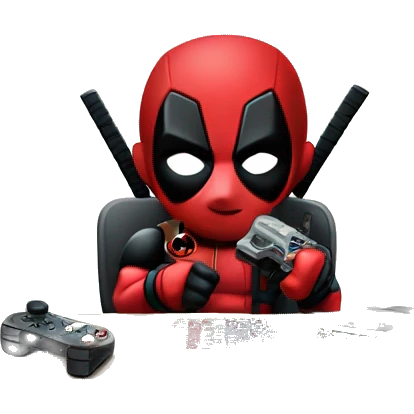Cute Deadpool holding controller sitting at a desk, front view emoji