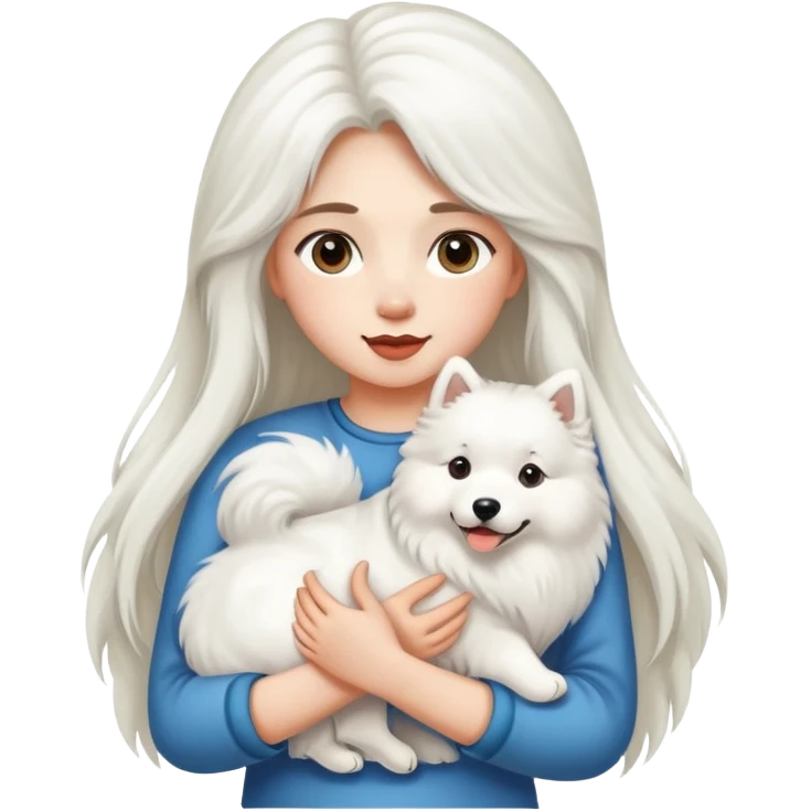 A long-haired girl holding a Samoyed emoji