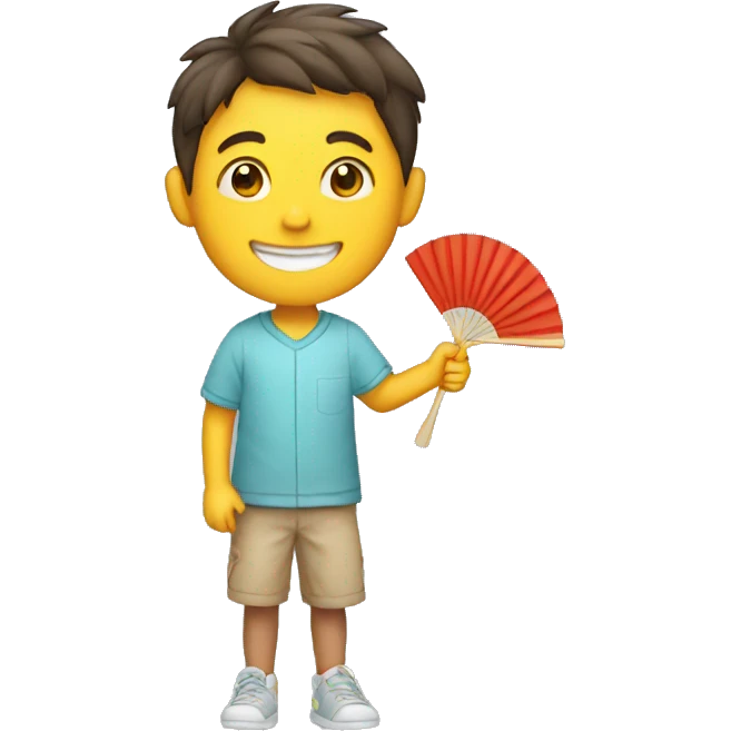 Smiling boy with holding hand fan emoji