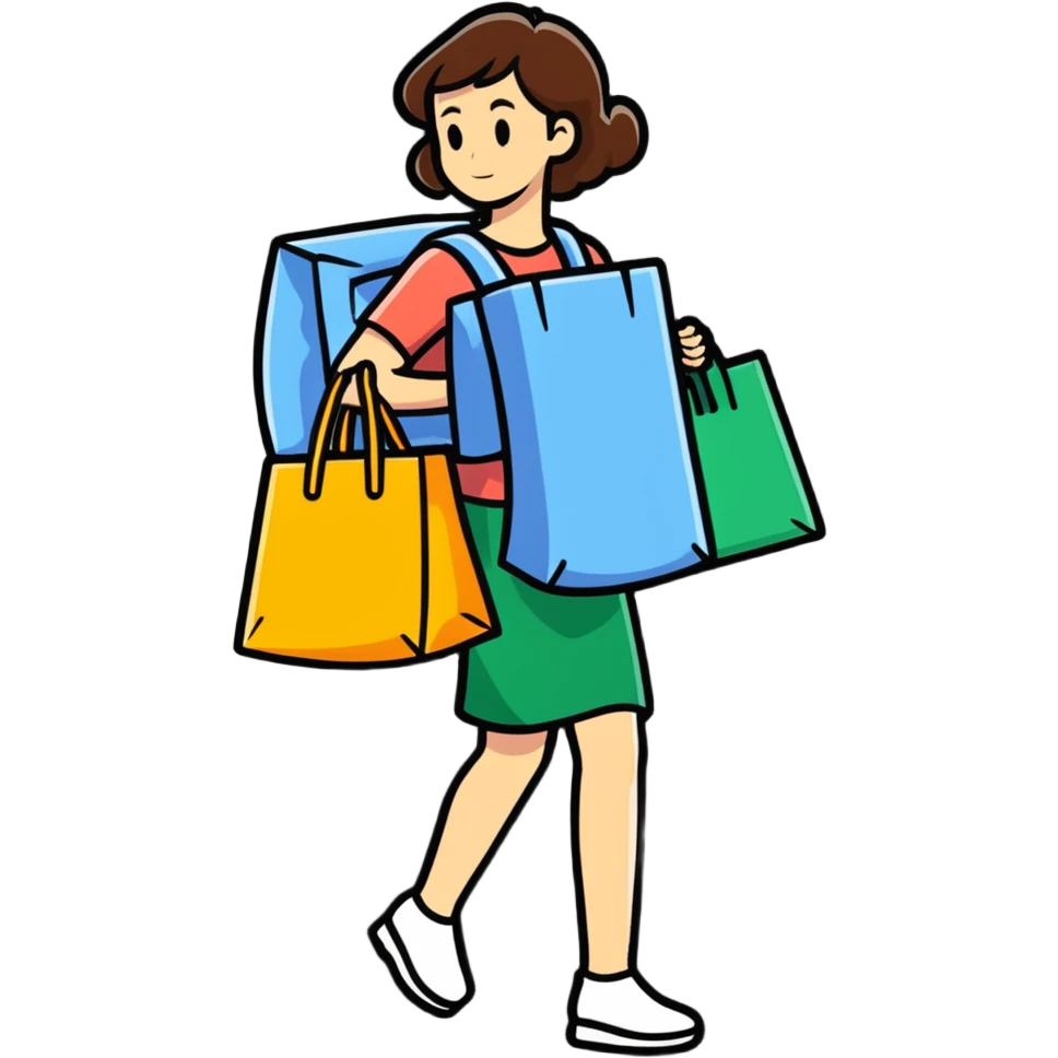 woman carrying something heavy on her back, cartoonish sticker style emoji