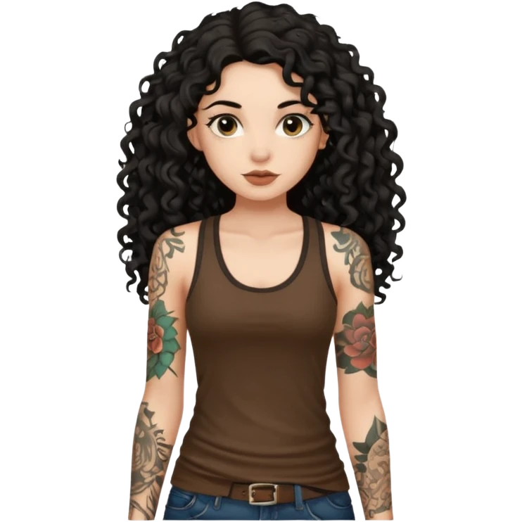 a pretty bratz fair girl with black long curly hair in a brown tank top with tattoos emoji