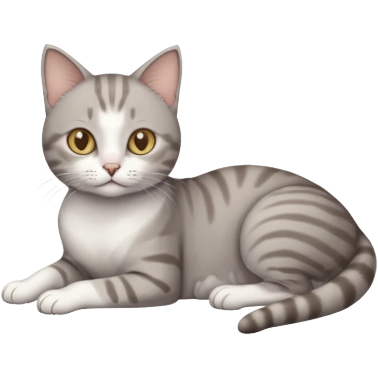 full body tiny short hair grey and white cat with white front legs anh azel eyes lying down emoji