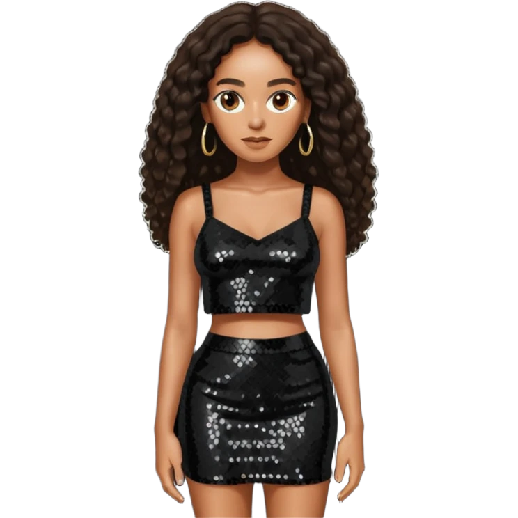 Solange with dark brown long hair, black sequin crop top and skirt emoji