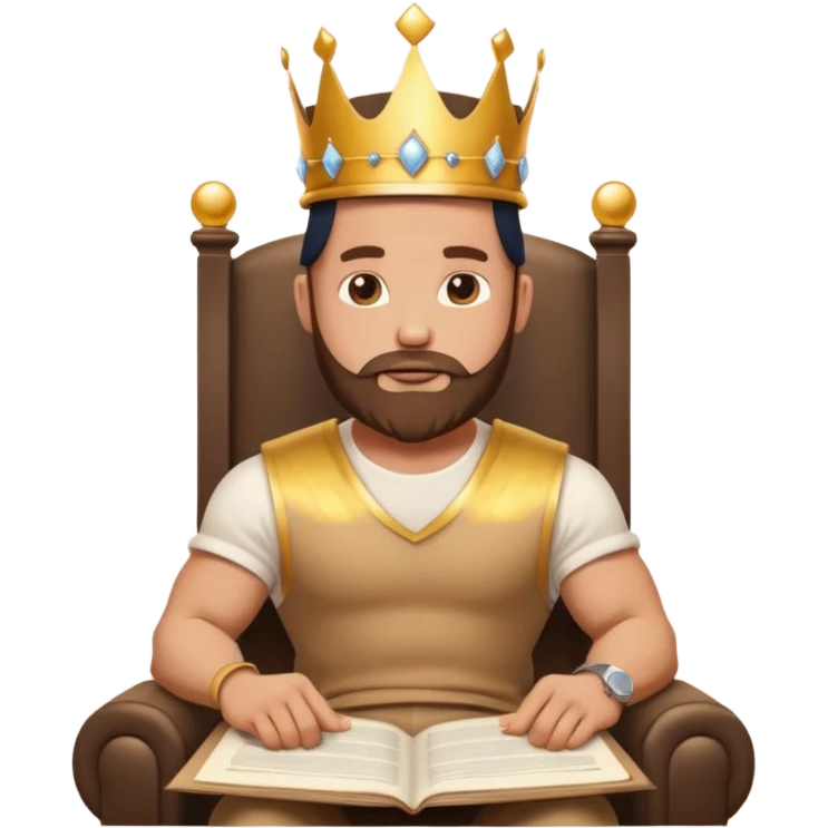 Buff bald bearded man wearing crown and cap, sitting on throne of documents, Instagram icon floating, golden glow, minimal emoji emoji