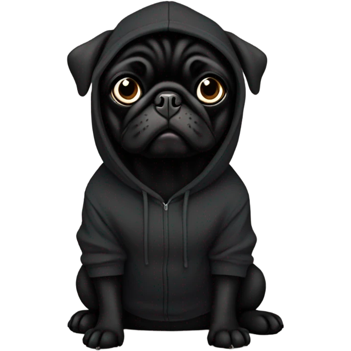 Black pug wearing a black hoodie emoji