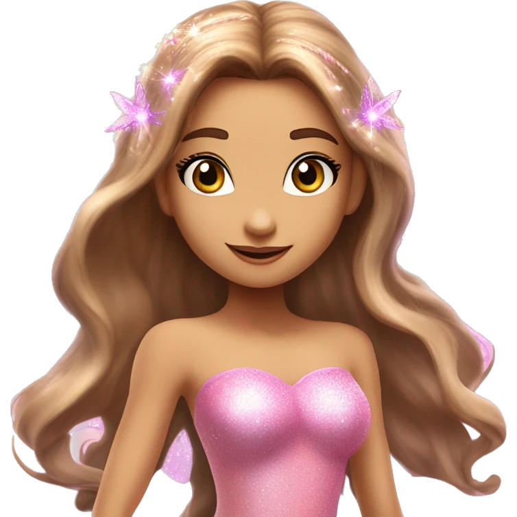 Flora the adult latina fairy of nature in her enchantix fairy pink clothing and fairy enchantix wings and long light brown hair from winx club. Small eyes, Lots of sparkles and fairydust. Full fairy bliss emoji