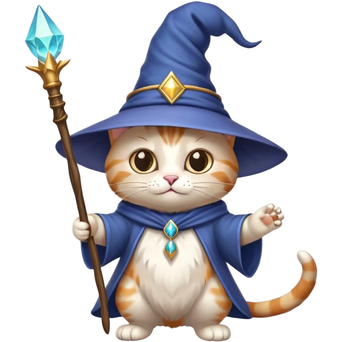cat wizard with a pointed hat and magic wand emoji
