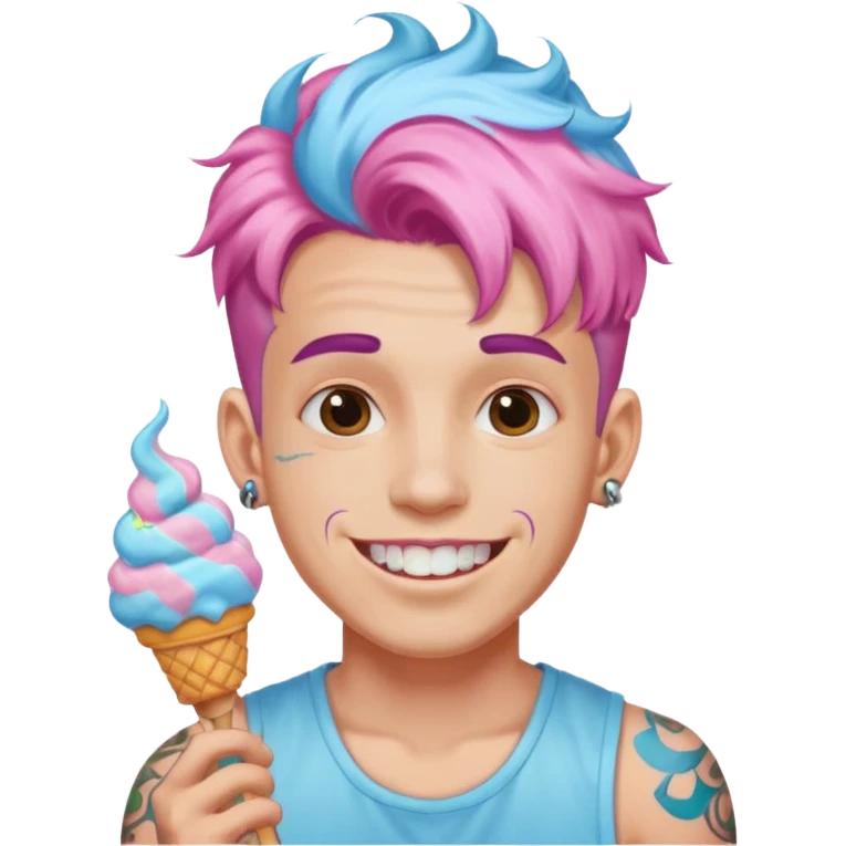 happy colorful cotton candy haired man with braces and tattoos and just face not holting anything emoji