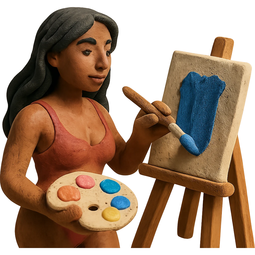 sexy tanned woman artist with long black hair, painting at an easel, holding a paint palette and brush, claymation style emoji