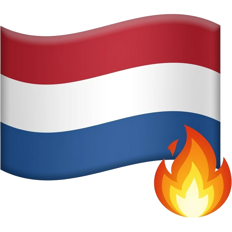 dutch flag no wave just flat  with two small fire emjoy  next to each other overlaping on top of the flag in the right bottom corner emoji