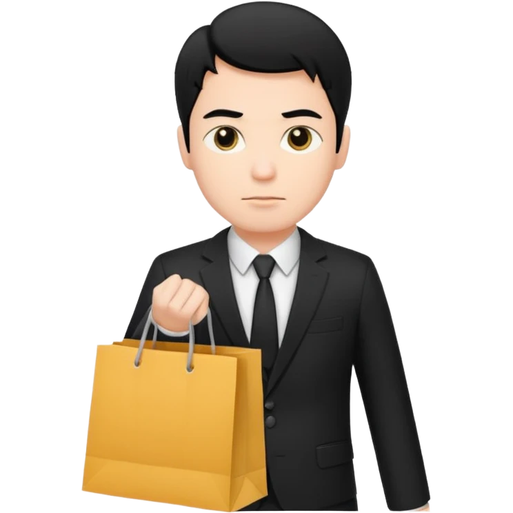 elegant serious man black hair in a black suit with clothing shopping bag emoji