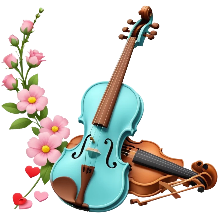 A romantic pastel violin with heart above, and some flower petals scattered around emoji