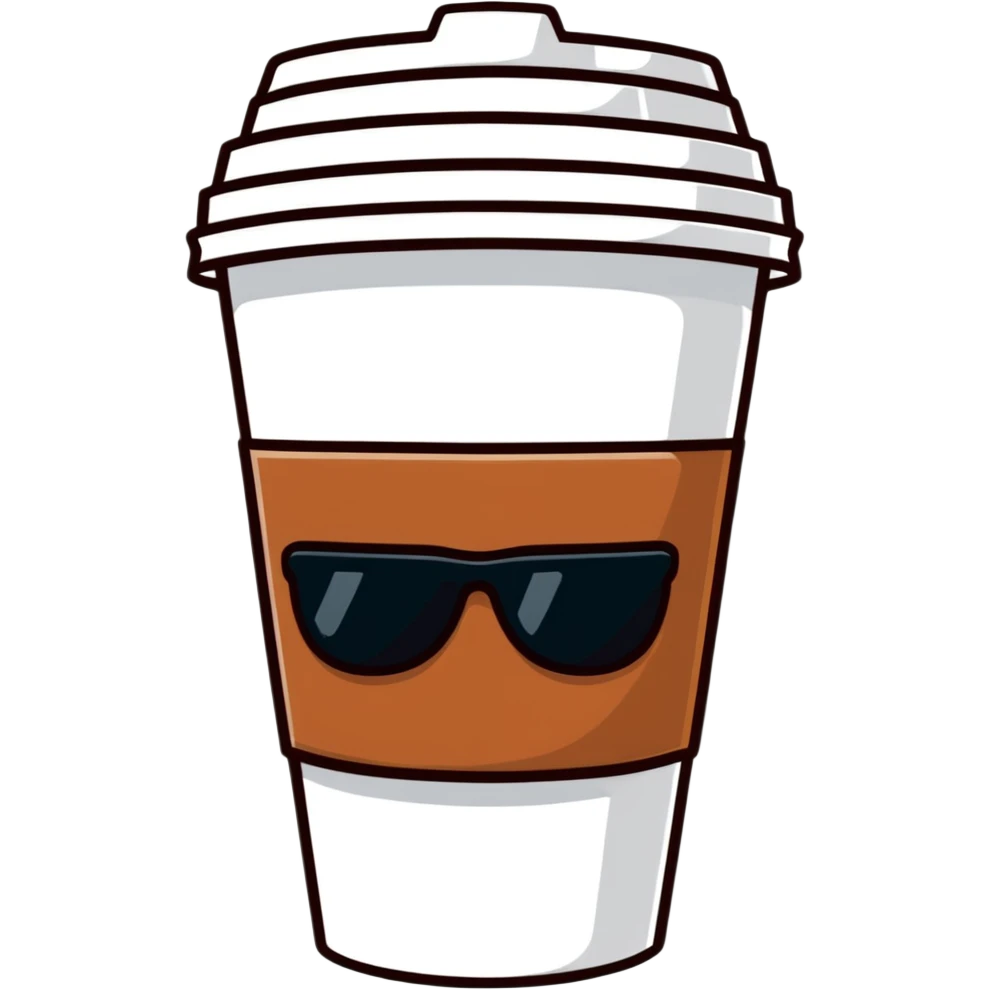 cartoonish sticker of a to-go coffee cup with sunglasses emoji