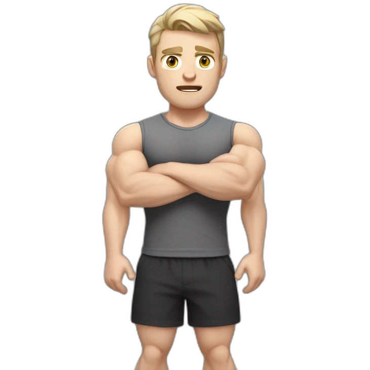Confused Pale skinned Fit Man With the biceps and dark brown hair in black shirt, gray sports shorts and white Sneakers emoji