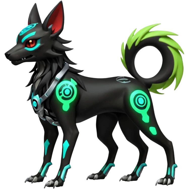 Hyper realistic horned slim skeletal black and neon green futuristic shiny colorful bioluminescent cyberpunk-Cyborg-Poochyena-Lycanroc-Zorua-Litten-Houndoom-Fakémon-Pokémon-Digimon-hybrid-fusion (full body) with a skull face emoji