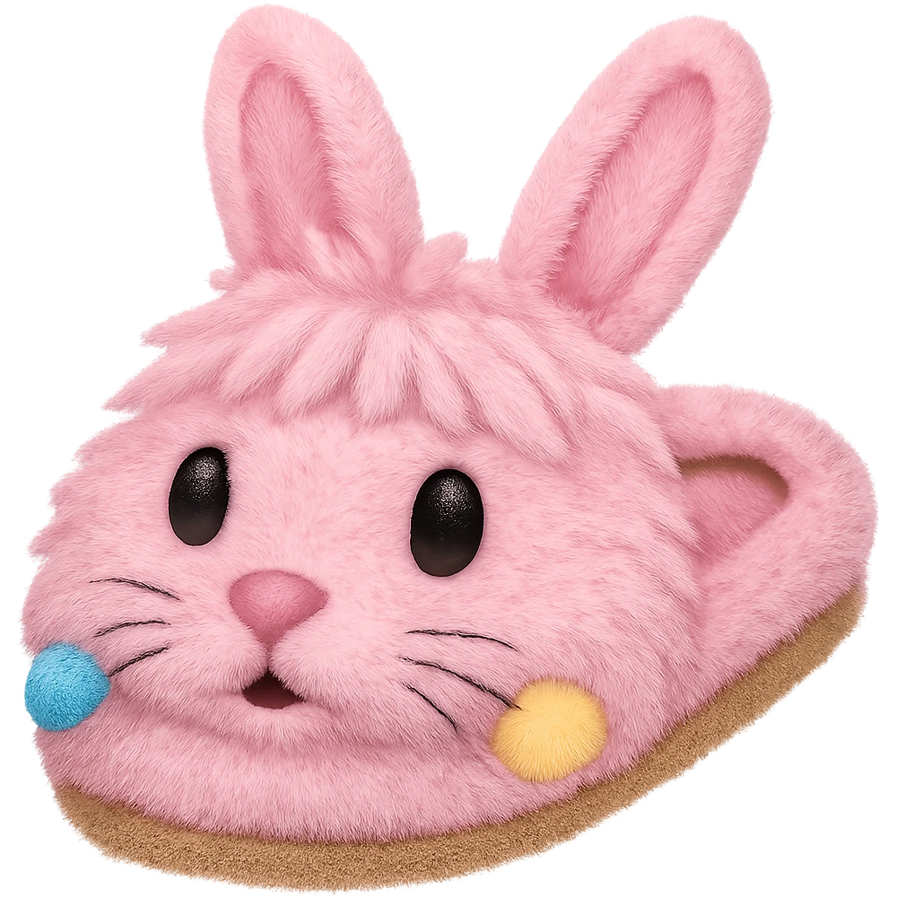 Make the light pink bunny slippers with a cute face look fuzzy in the style of emoji, with no background. emoji
