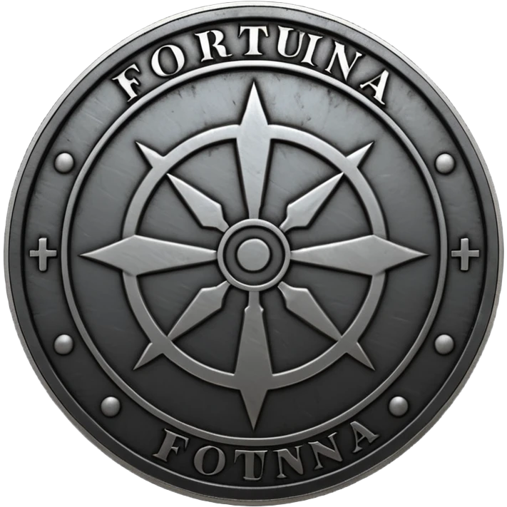 Minimal emoji, gothic metal coin made of black steel, engraved word FORTUNA at the center, ancient industrial aesthetic, worn metal texture, no glow, no neon, flat emoji design, centered, transparent background emoji