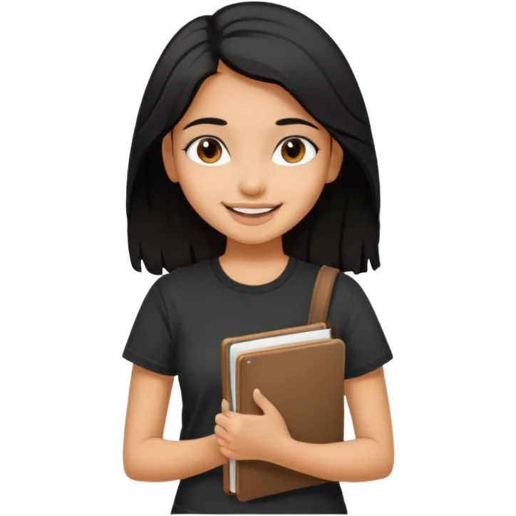 a pretty tan indian bratz girl with messy dark black hair, wearing a black tee carrying a sketchbook emoji