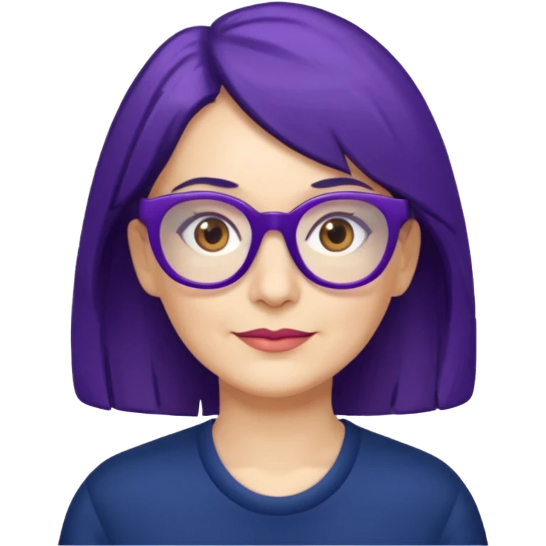 50-year-old woman with purple glasses, brown eyes, and navy blue shoulder-length hair emoji