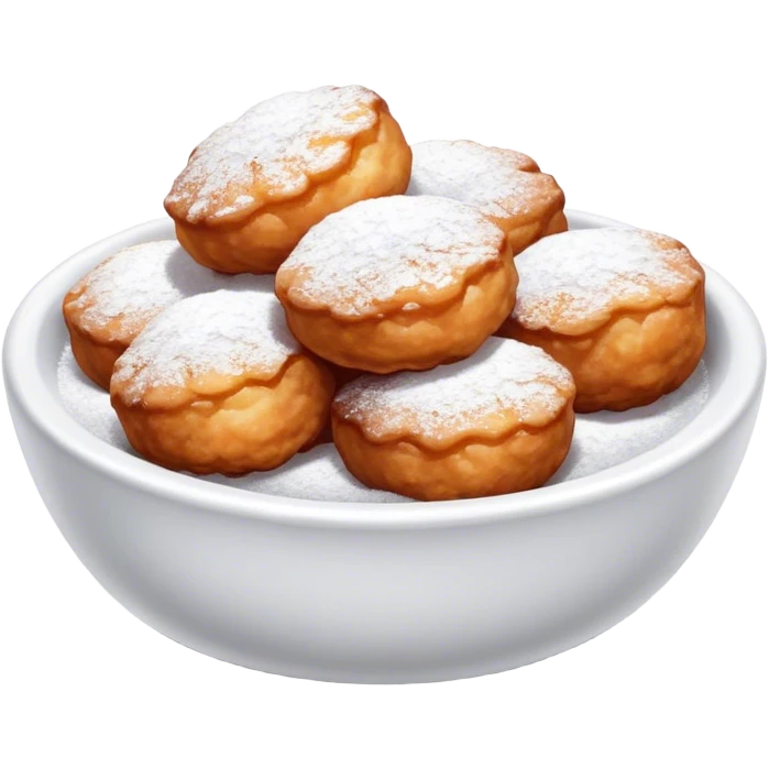 Buñuelo Cinematic Realistic Buñuelo Dessert Emoji, depicted as perfectly round, fluffy fritters served in a small bowl with a dusting of powdered sugar, rendered with vibrant textures and warm, inviting lighting. emoji