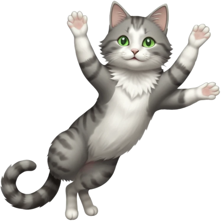 grey and white cat with green eyes doing a big extremely long stretch reaching up into the air with arms and legs side by side together straight and overextended whilst lying on its side emoji