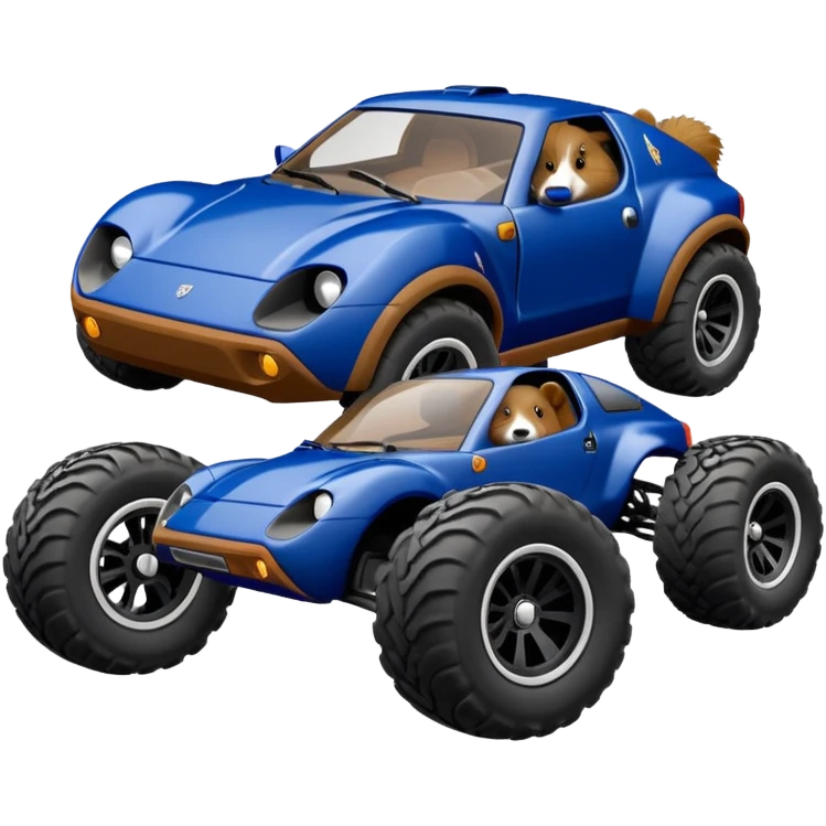Side view of Midnight blue Local Motors Rally Fighter off road rc car driven by a Guinea pig  emoji
